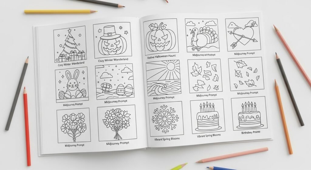 Midjourney Prompts for Coloring Book Holiday and Seasonal (10 Prompts)
